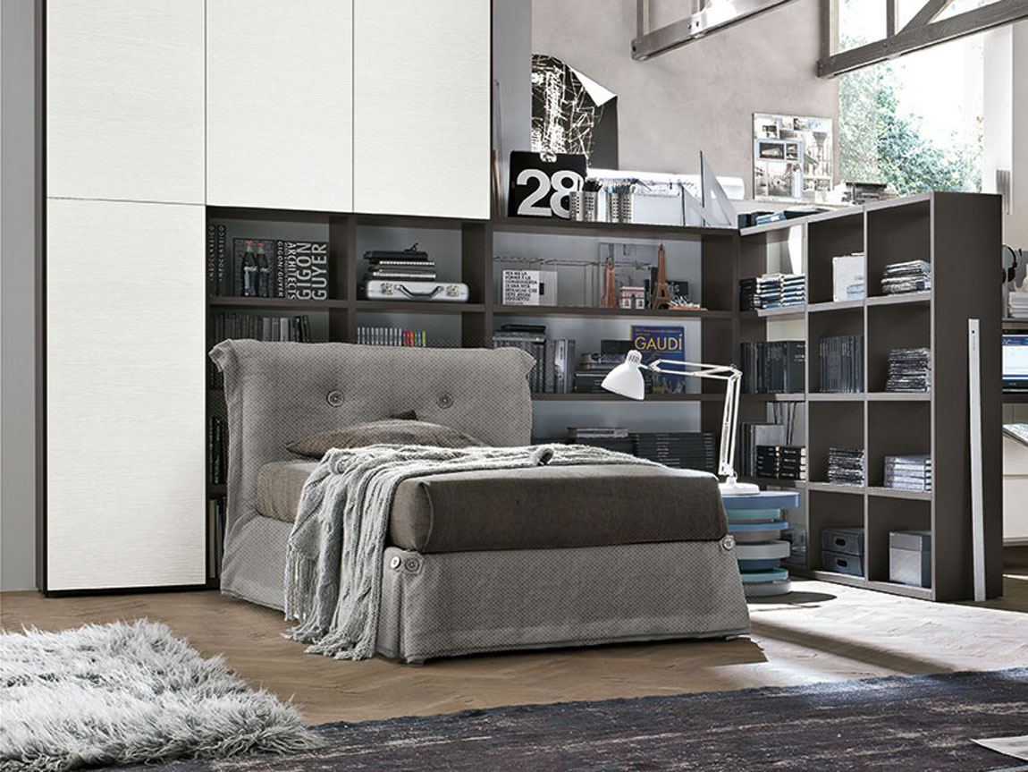 Letto tessuto singolo con bottoni, finitura Grigio