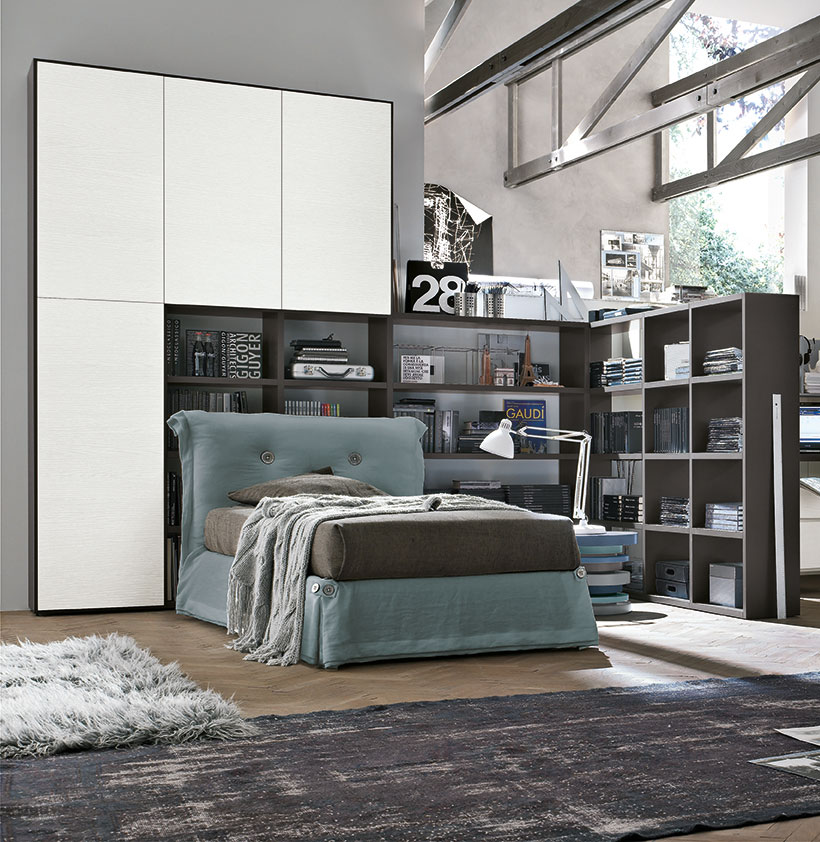 Letto ragazzi imbottito, finitura tessuto Lino celeste antico