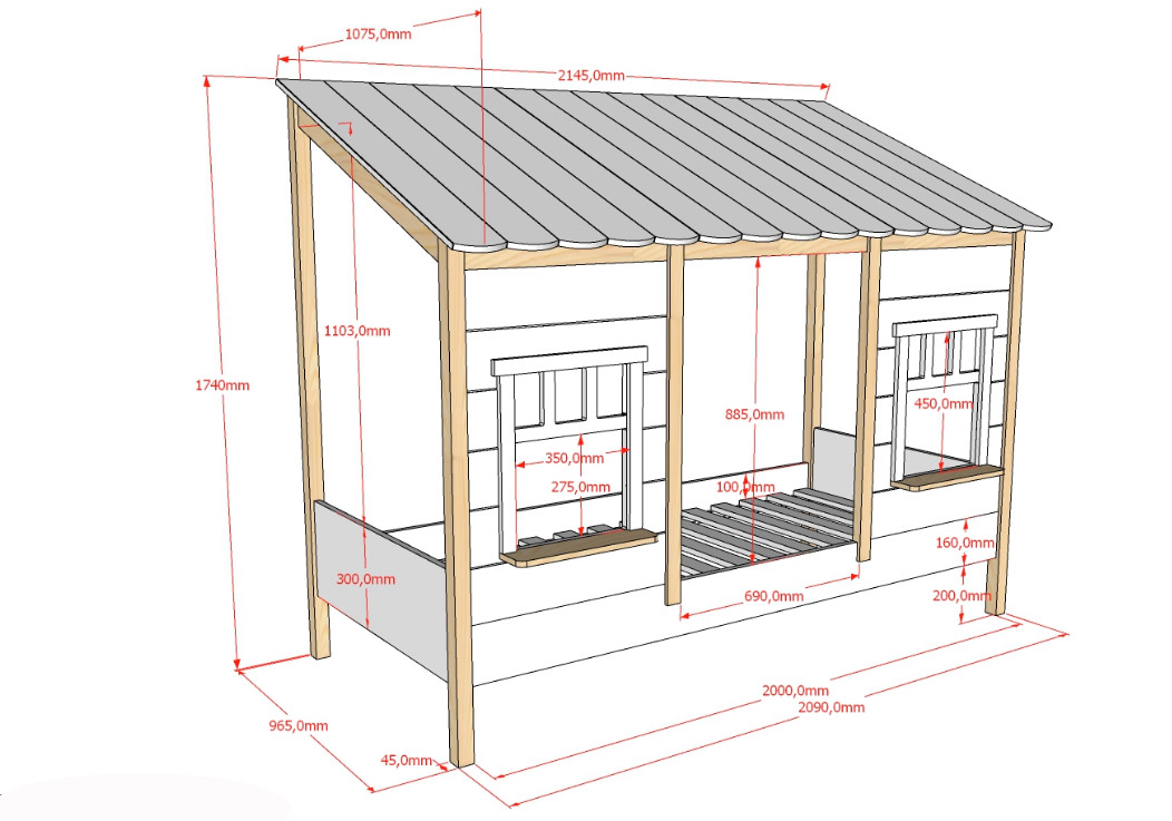 Letto montessoriano casetta con finestre, bianco laccato e rovere