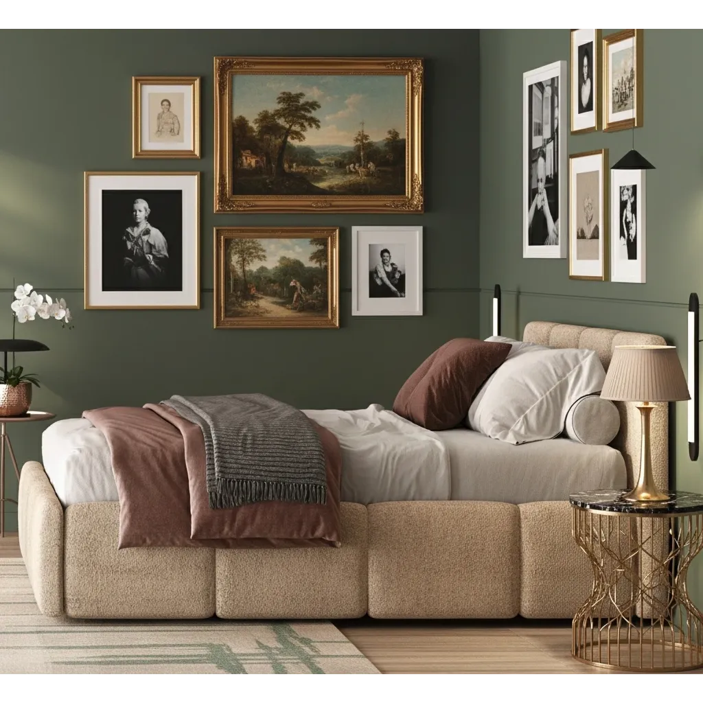 Camera da letto con letto imbottito, armadio e comodini