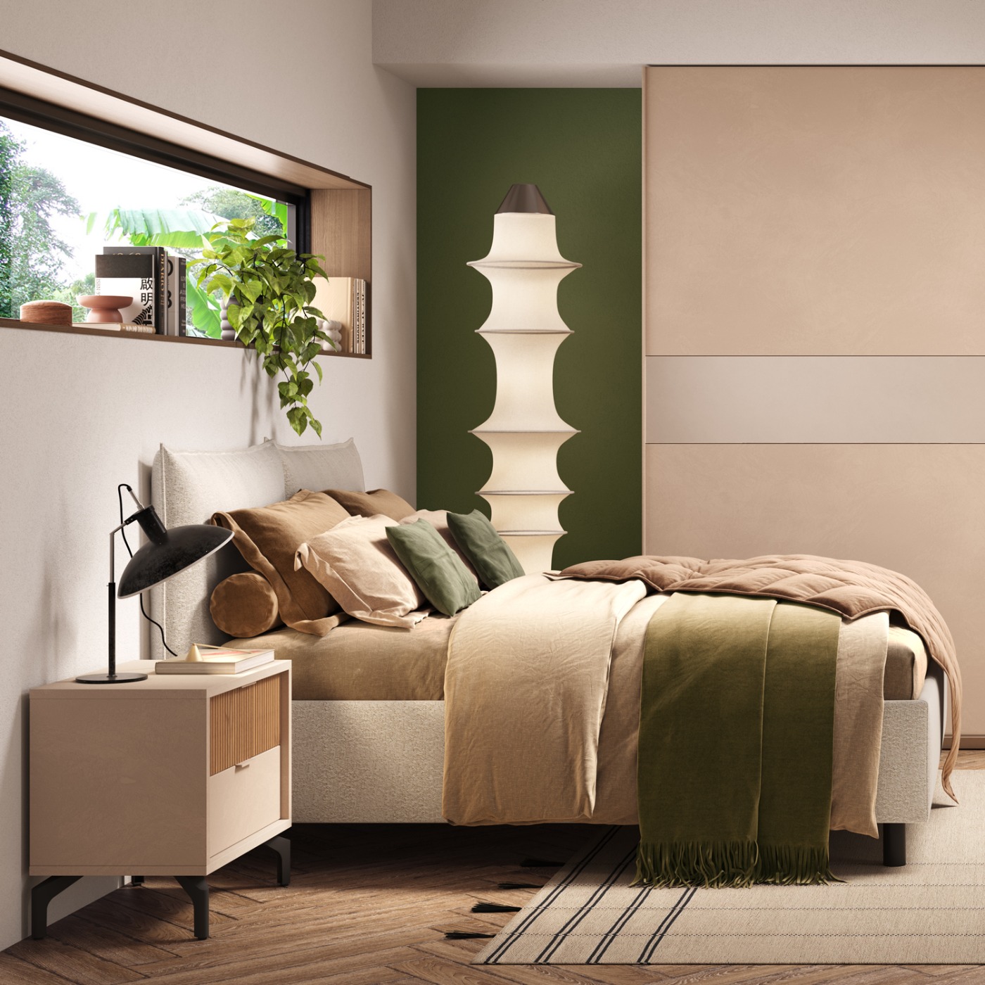 Letto matrimoniale con cuscini, tessuto Bouclè Beige