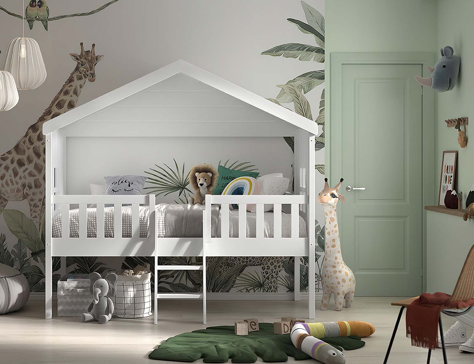 Letto a casetta con finestre per bambini, bianco laccato
