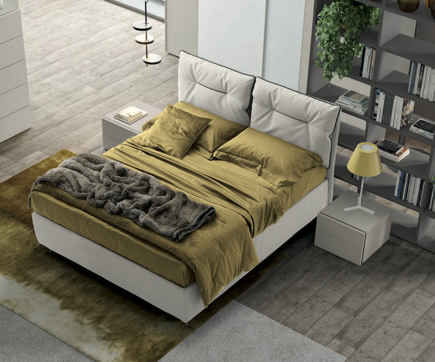 Letto matrimoniale con cuscini in ecopelle Bianco candido