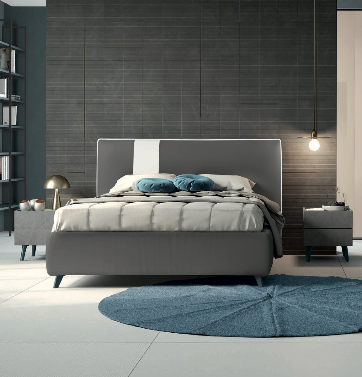 Letto ecopelle matrimoniale in finitura Elephant e Bianco candido