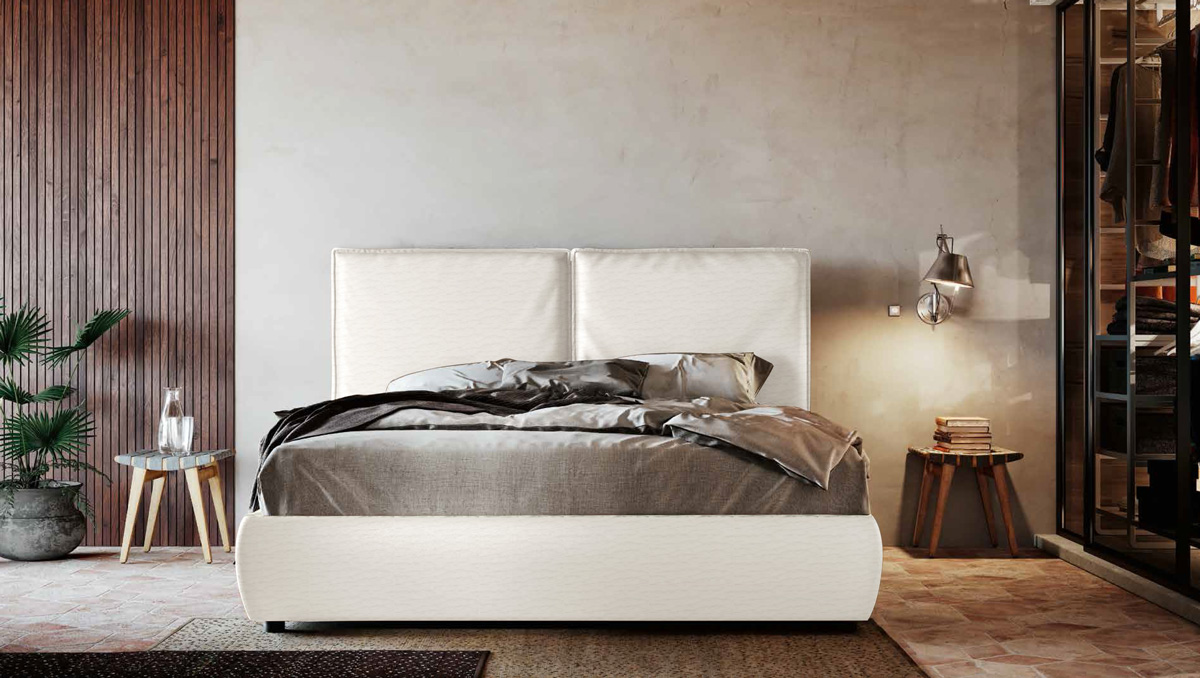 Letto contenitore ecopelle bianco, testata retrofinita