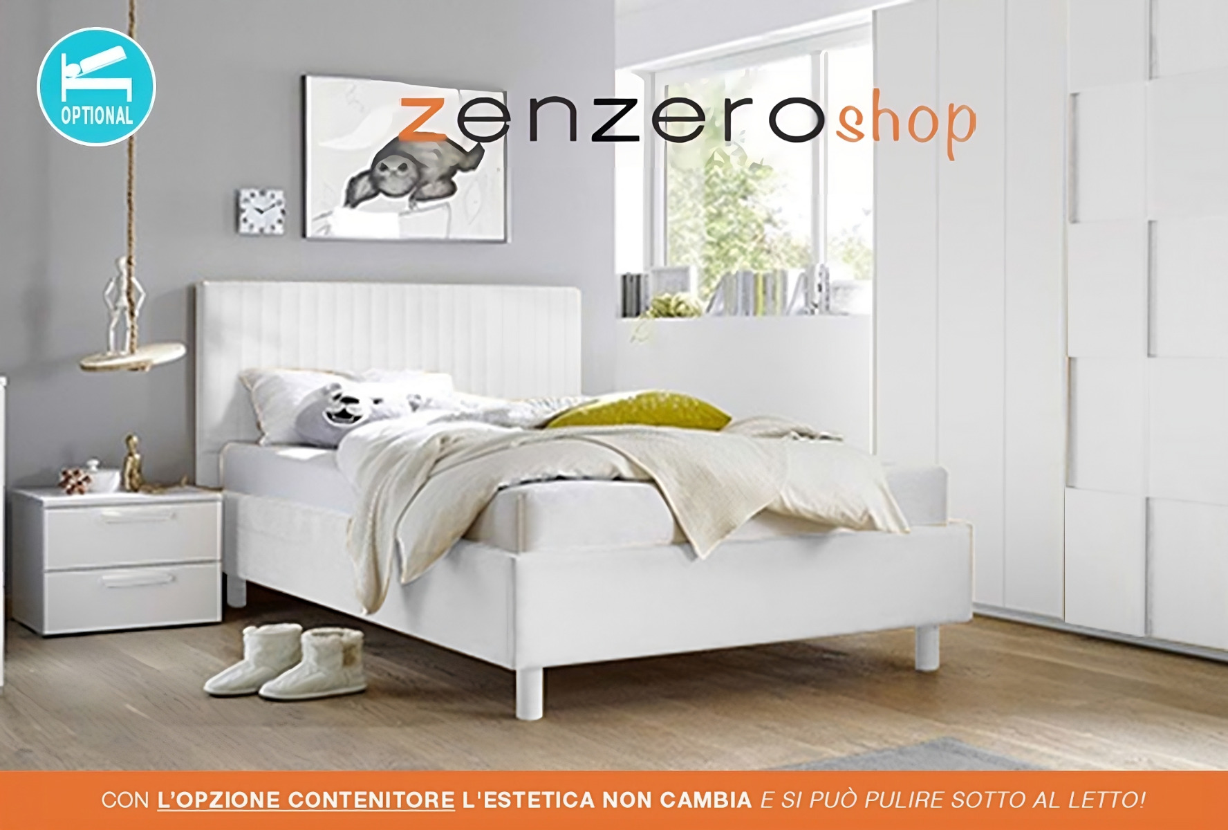 Letto Vertigo bianco in ecopelle imbottito una piazza e mezza, testiera righe