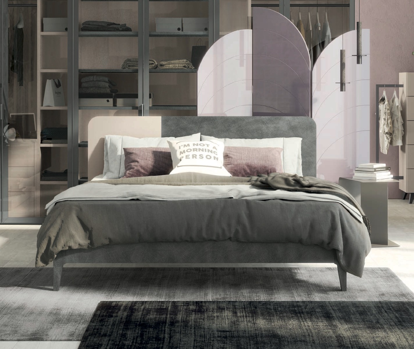 Letto matrimoniale bicolor, finitura Metal grey e Canapa