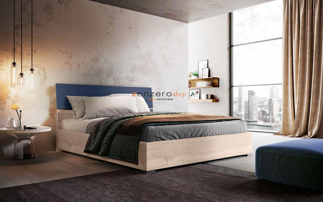 Letto matrimoniale Metiz con contenitore, finitura Grigio seta e Olmo Natura