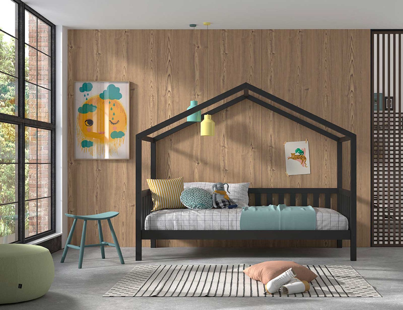 Letto montessoriano pino massello, design a casetta, disponibili 3 finiture