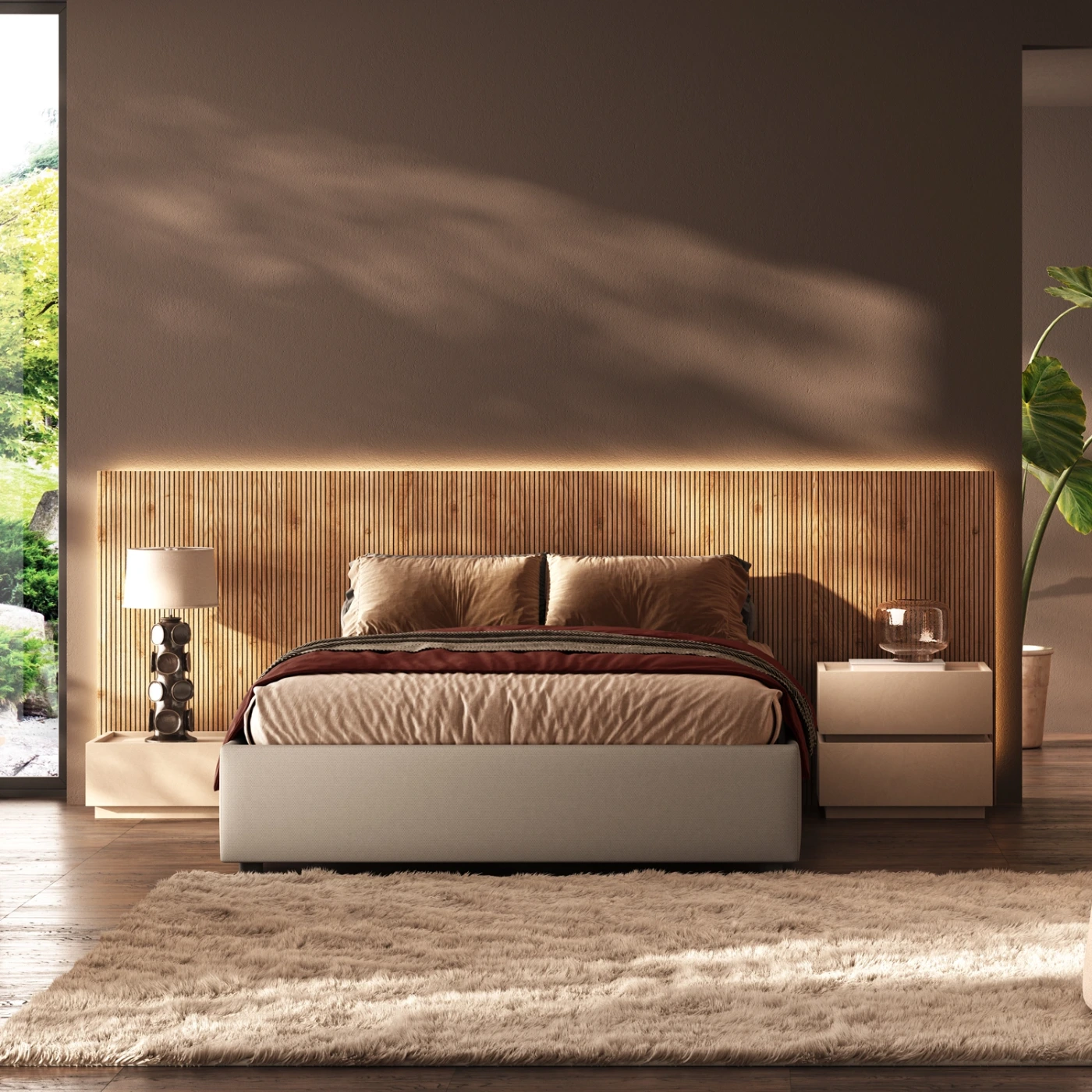 Letto matrimoniale con testiera cannettata Cadiz, giroletto velluto Beige