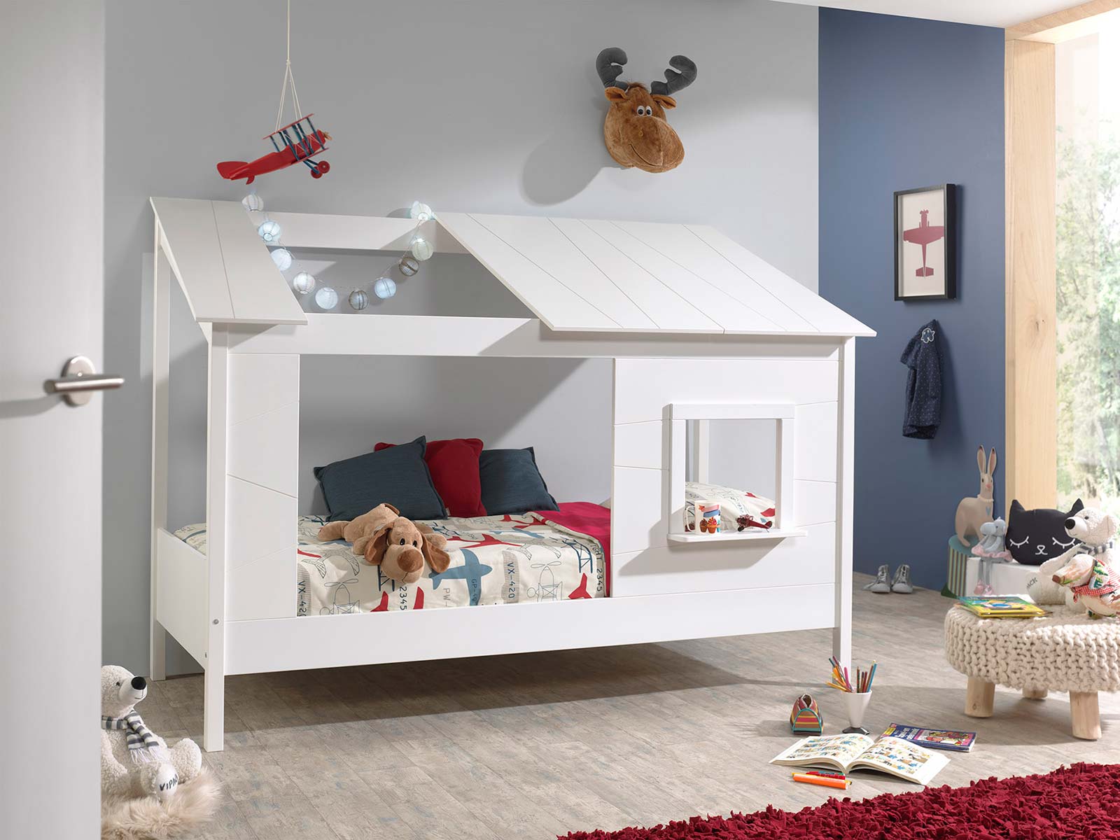 Letto montessoriano bambini moderno, design a casetta, finitura Bianco laccato