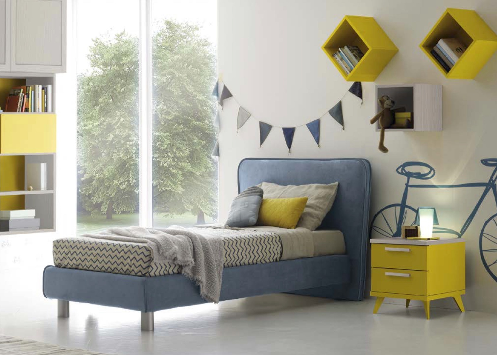 Letto singolo ragazzo, finitura in tessuto Blu opale