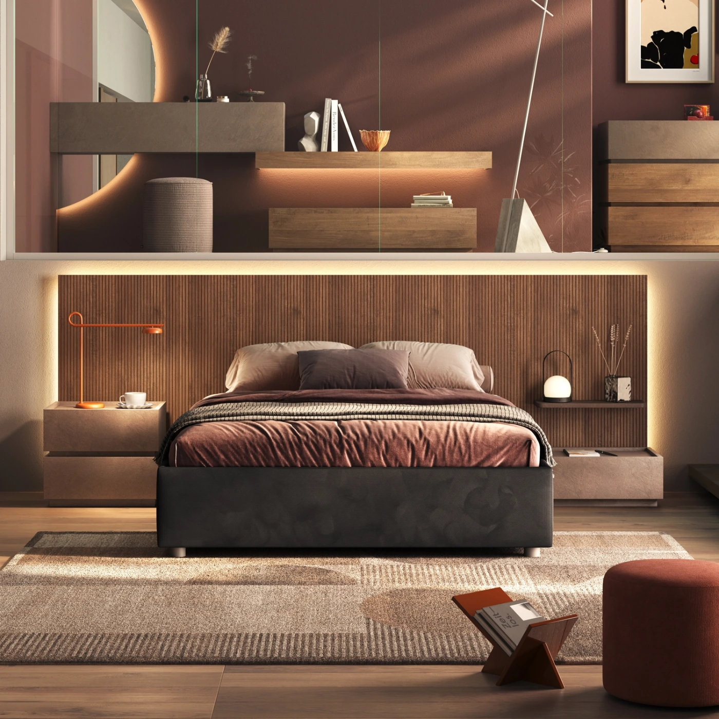 Letto matrimoniale con testiera cannettata Mercure, giroletto velluto Fumo