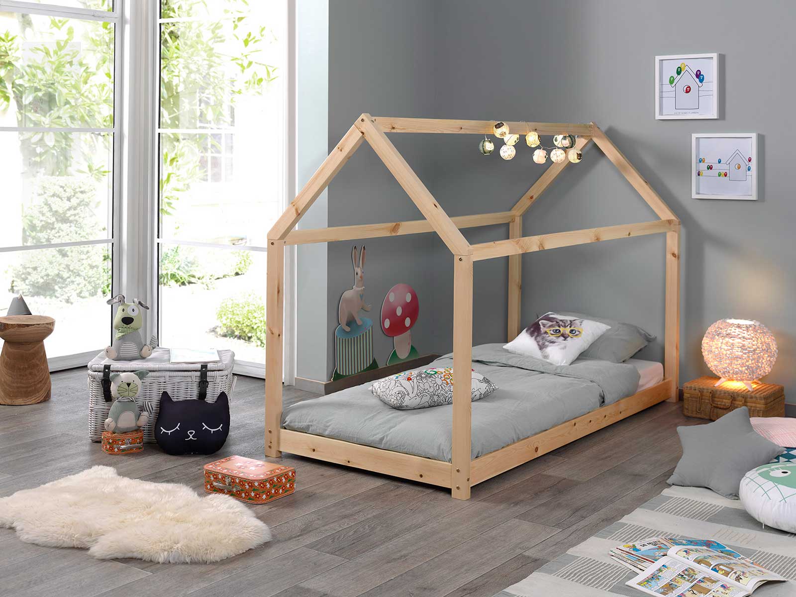Letto montessoriano bambini a capanna, 90x200 in pino massello