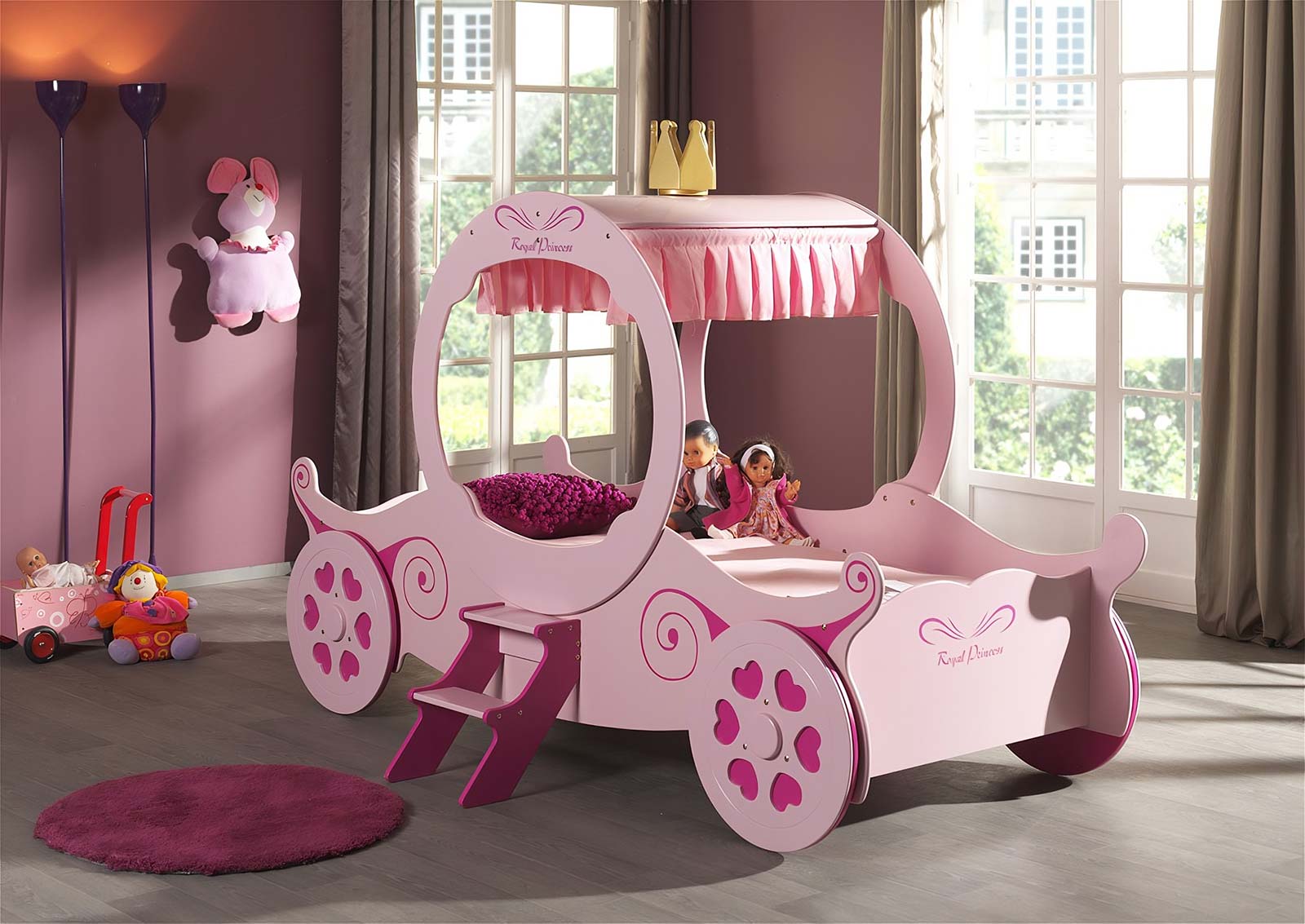 Letto bambine design carrozza, finitura Rosa laccato
