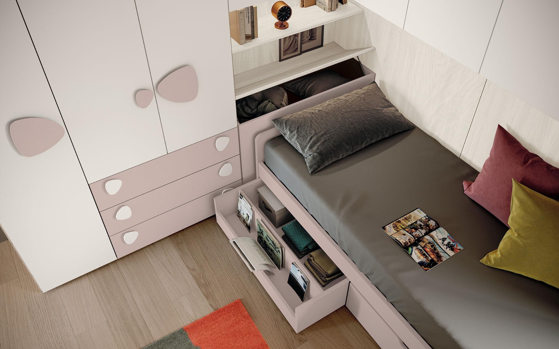 Cameretta bambine a ponte, finitura Rosa confetto, Bianco e Bianco altea