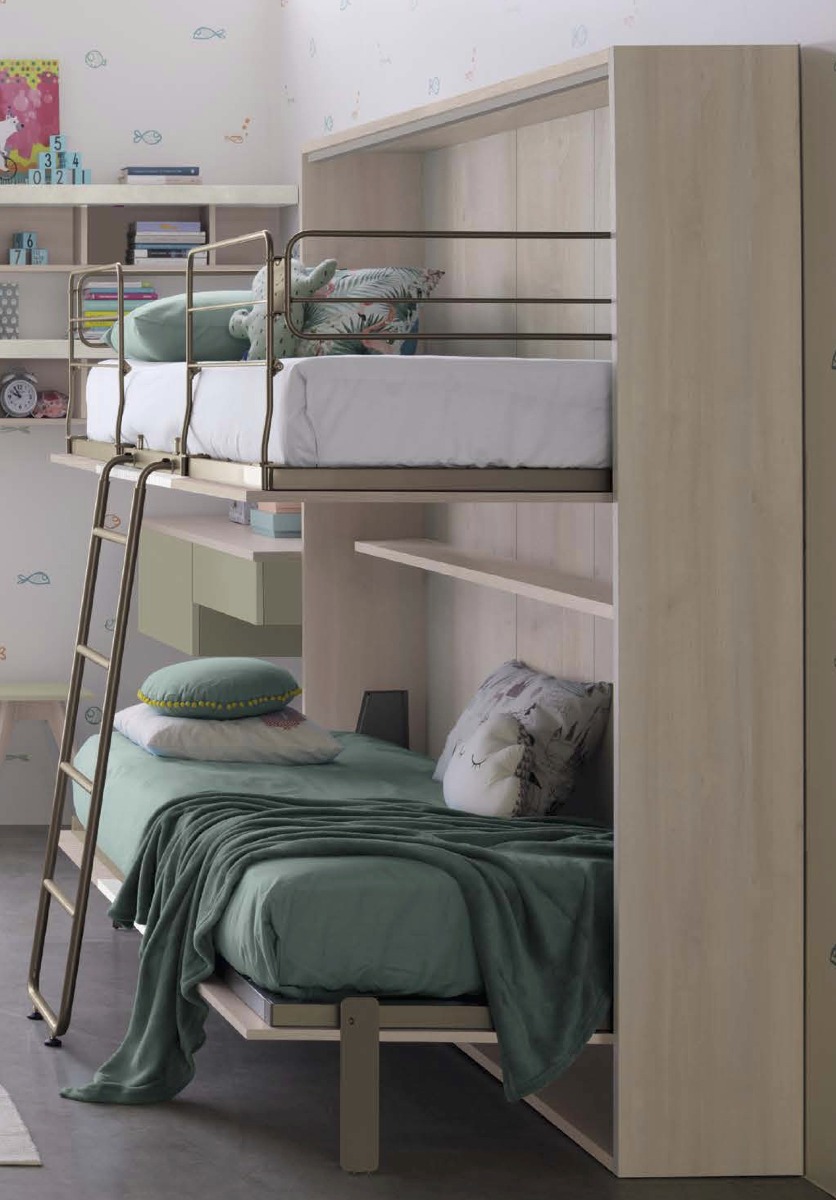 Letto castello a scomparsa, finitura Ciliegio bianco e Rovere white