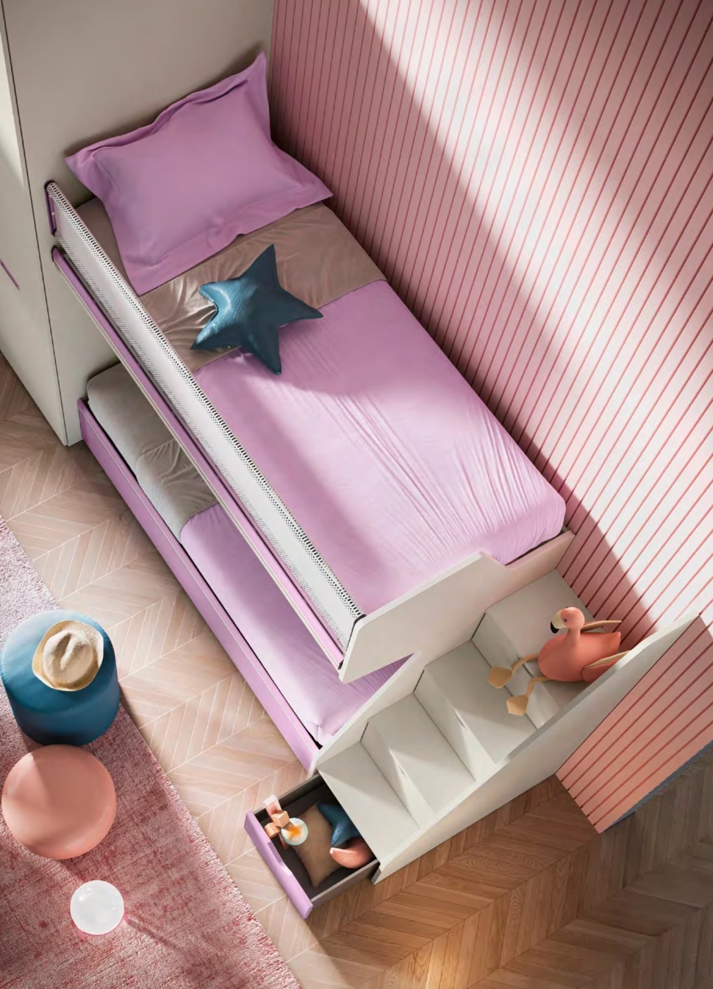 Letto a castello Level, con scaletta contenitiva, Quarzo e Dalia, Moretti Compact