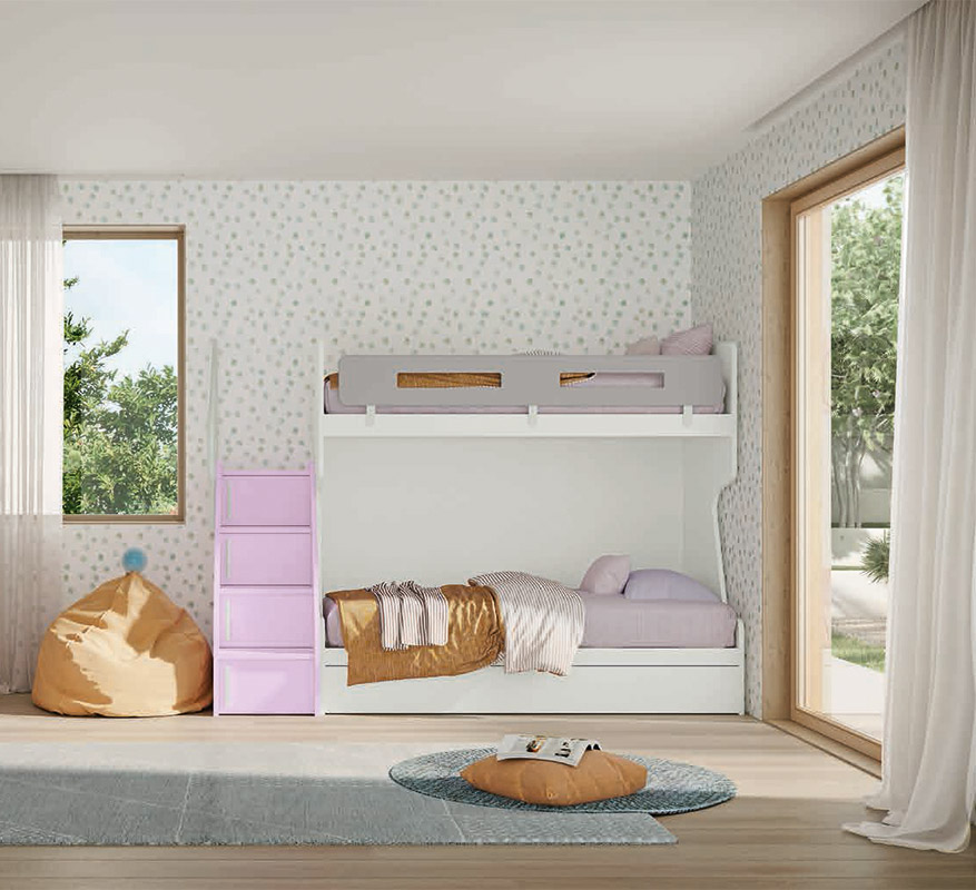 Letto 3 posti a castello, finitura Rovere bianco