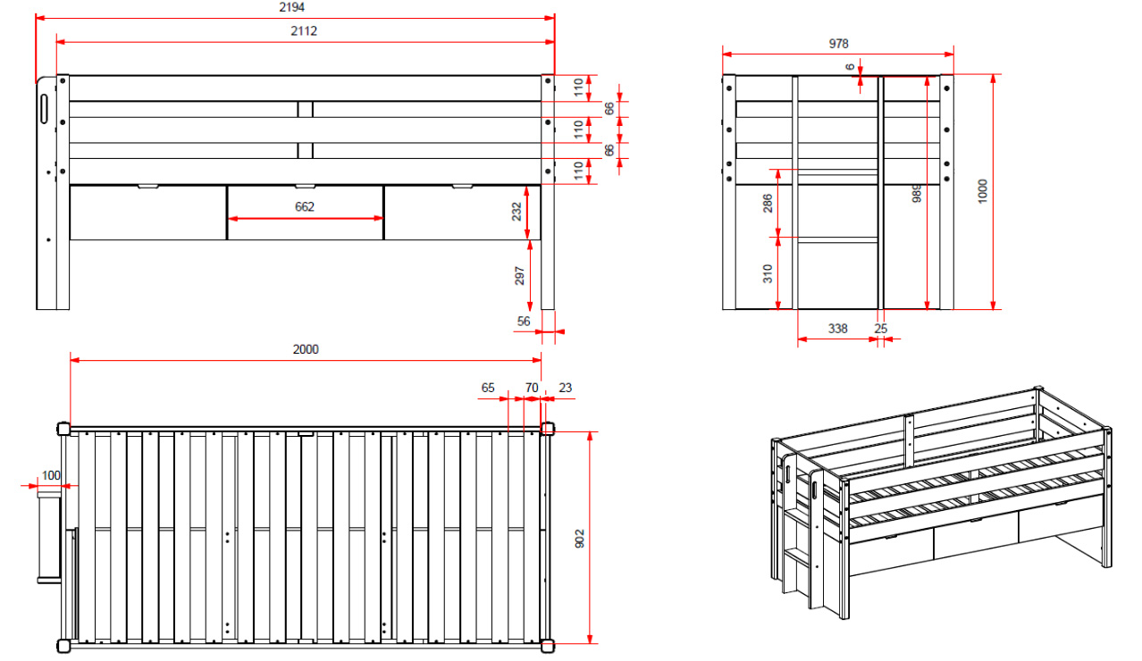 Divano letto in massello con secondo letto estraibile e cassetti, Bianco e Pino naturale