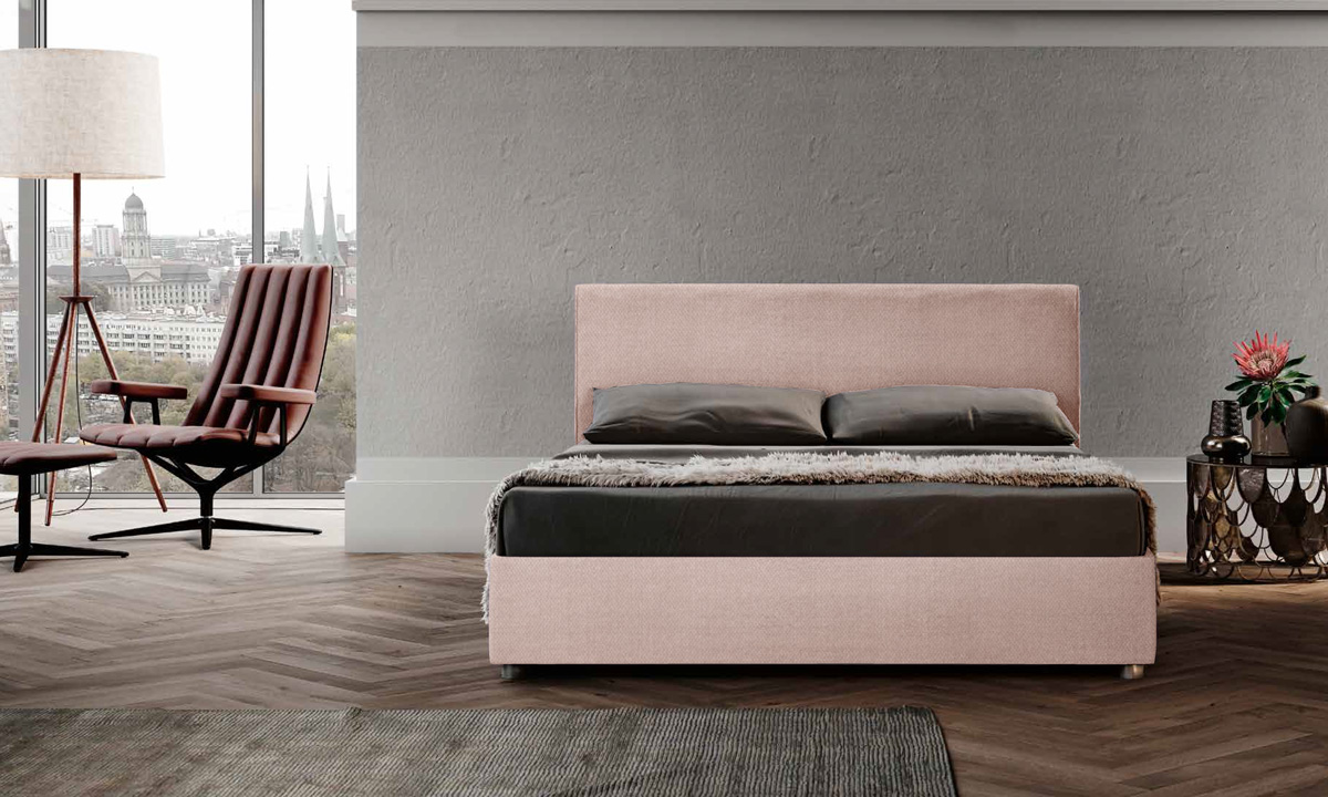 Letto matrimoniale tessuto cipria, sfoderabile, testata retrofinita