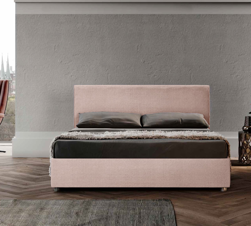 Letto matrimoniale tessuto cipria, sfoderabile, testata retrofinita
