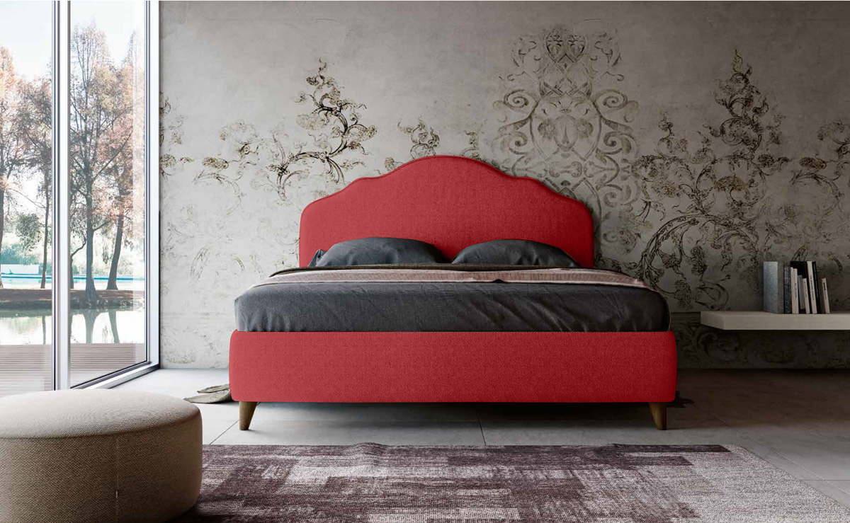 Letto matrimoniale con testata retrofinita, tessuto Rosso