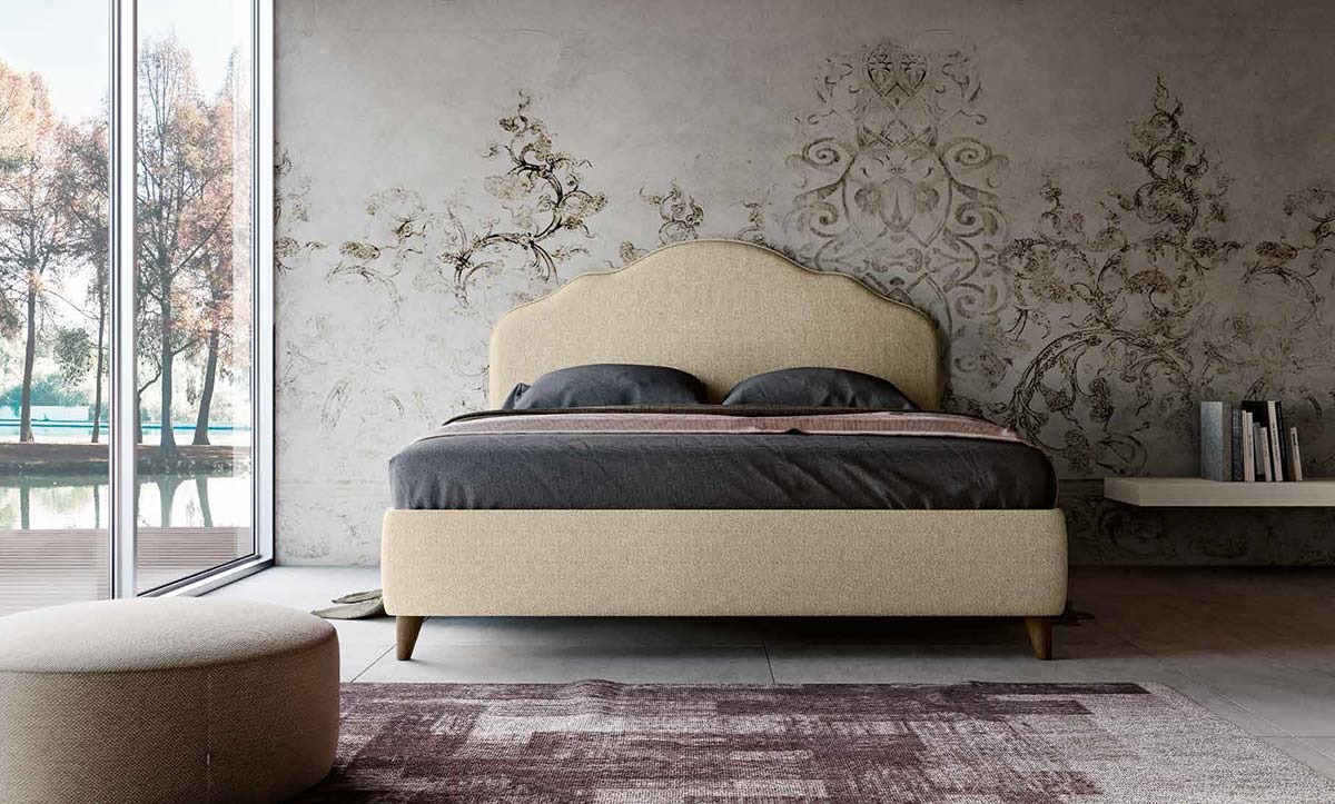 Letto con testata retrofinita, matrimoniale, finitura tessuto panna