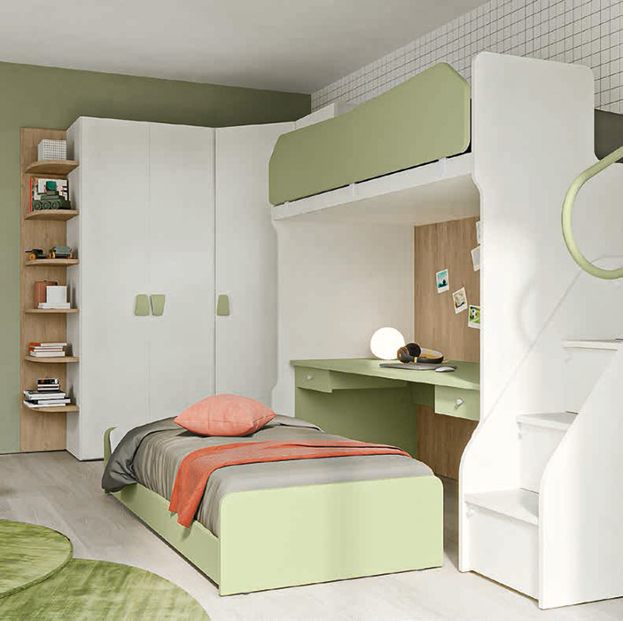 Letto con scrivania a castello, finitura Cemento artico, Oliva e Royal oak