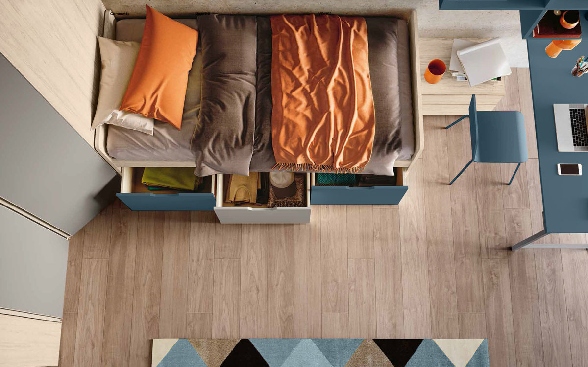 Letto con cassetti singolo in finitura Olmo natura