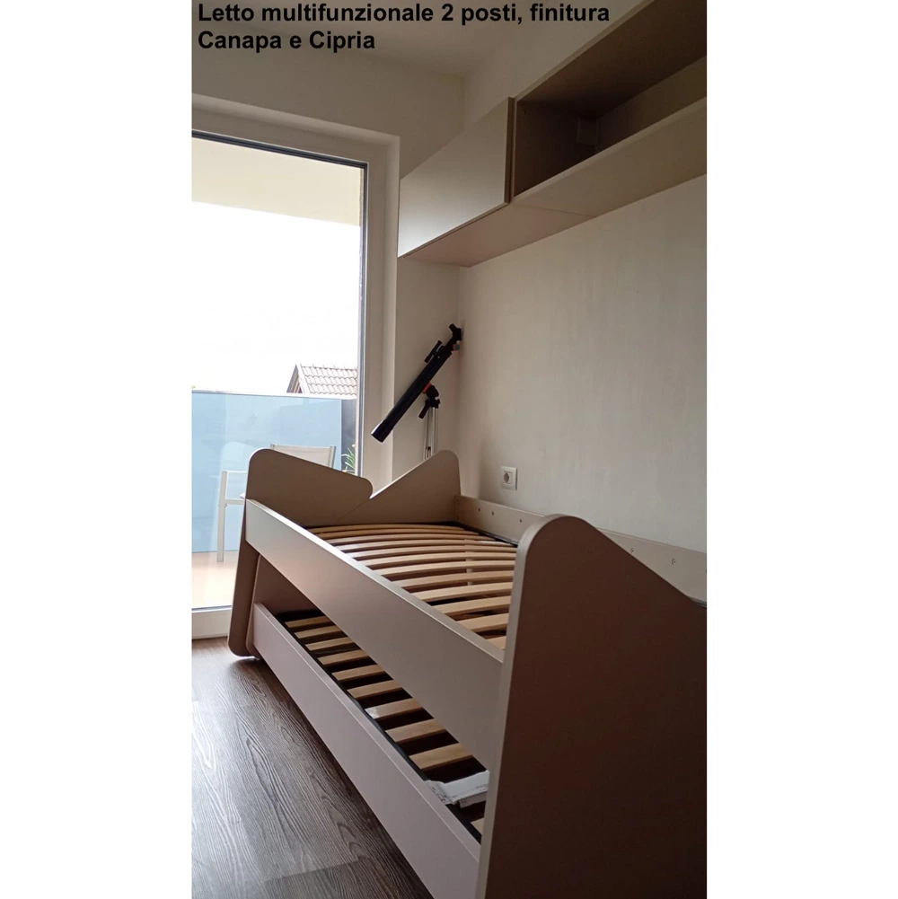 Letto multifunzionale 2 posti, finitura Blu opale e Cipria