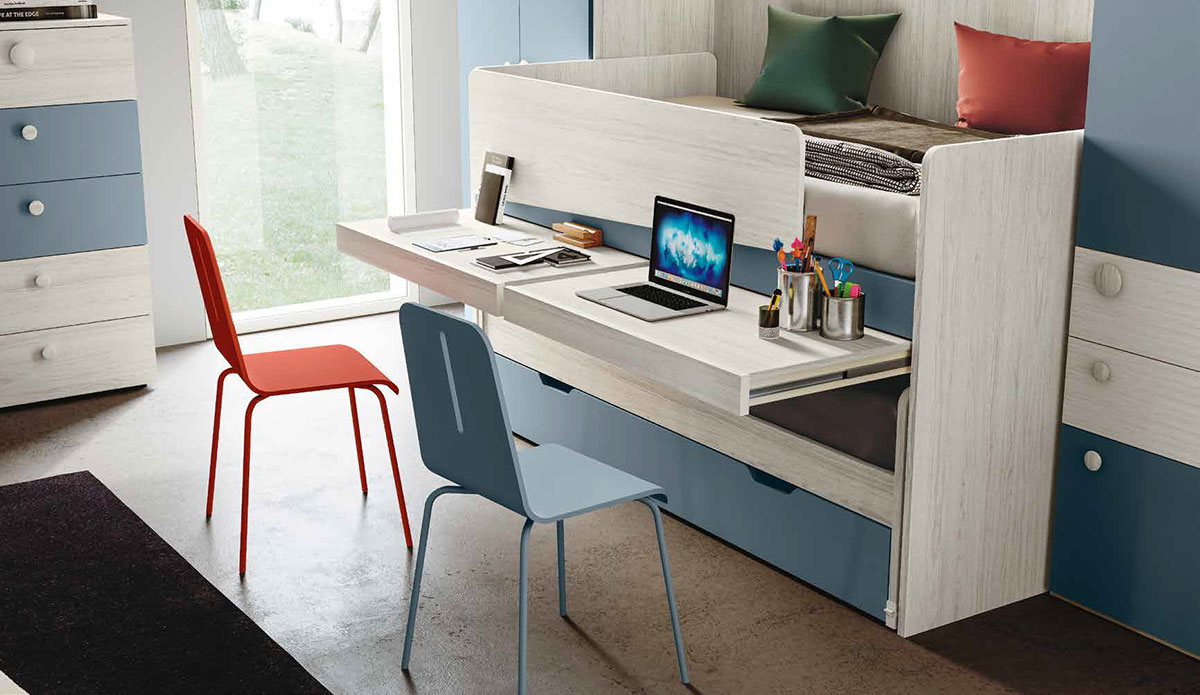 Letto multifunzionale 3 posti con scrivania, finitura Bianco altea e Carta da zucchero