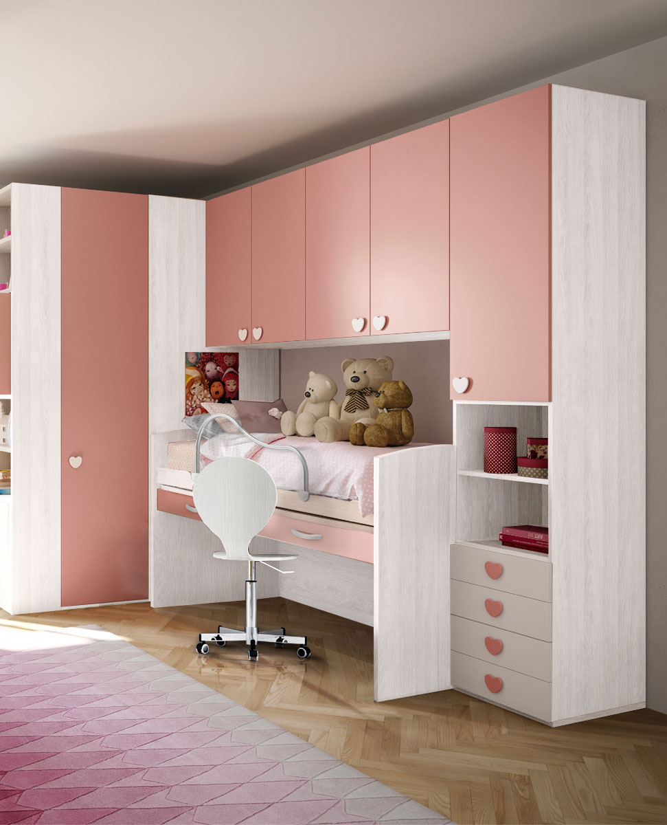 Letto con scrivanie ad estrazione e 2 cassettoni, Rosa e Frassino