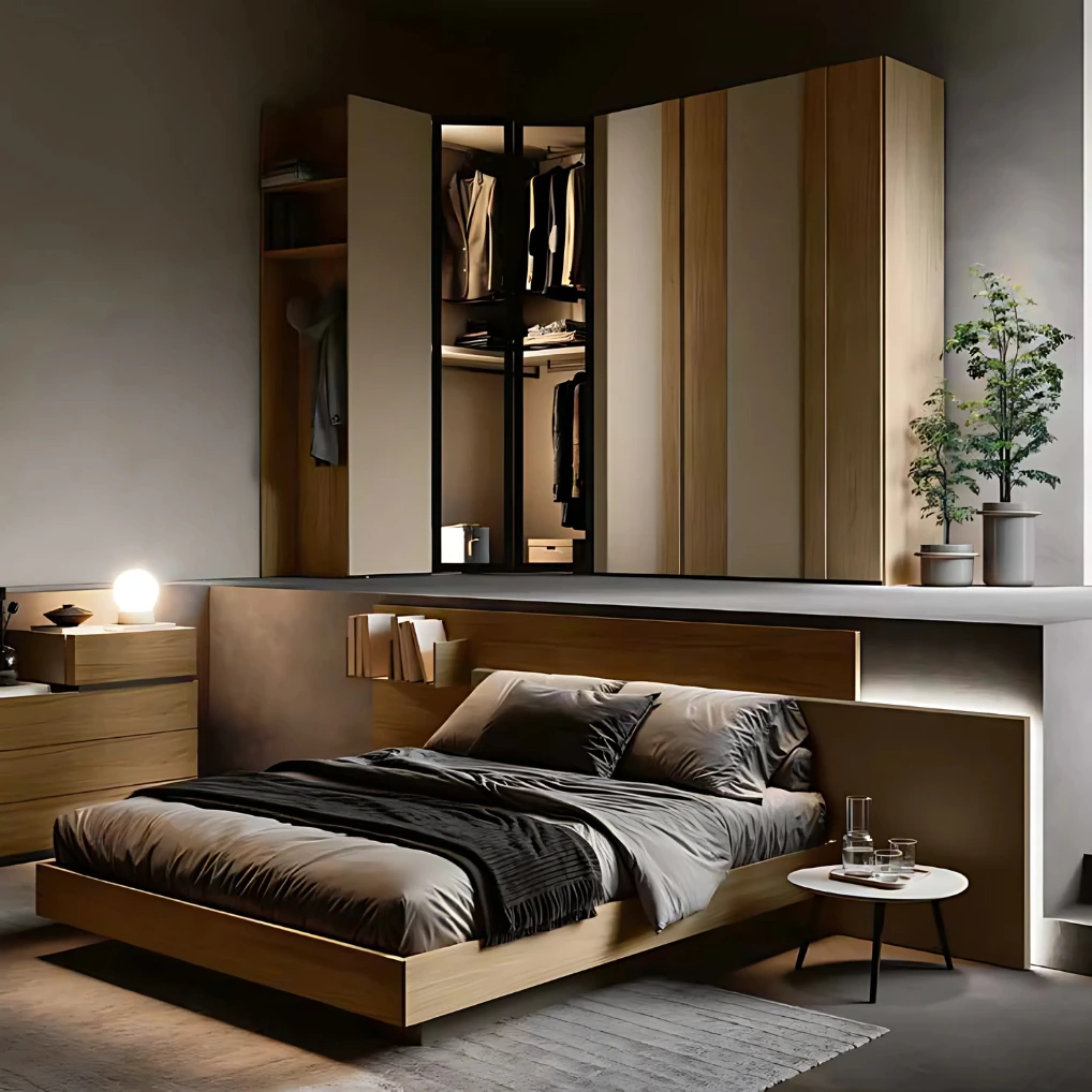 Letto matrimoniale contenitore, Orzo e Noce biondo, testiera riducibile