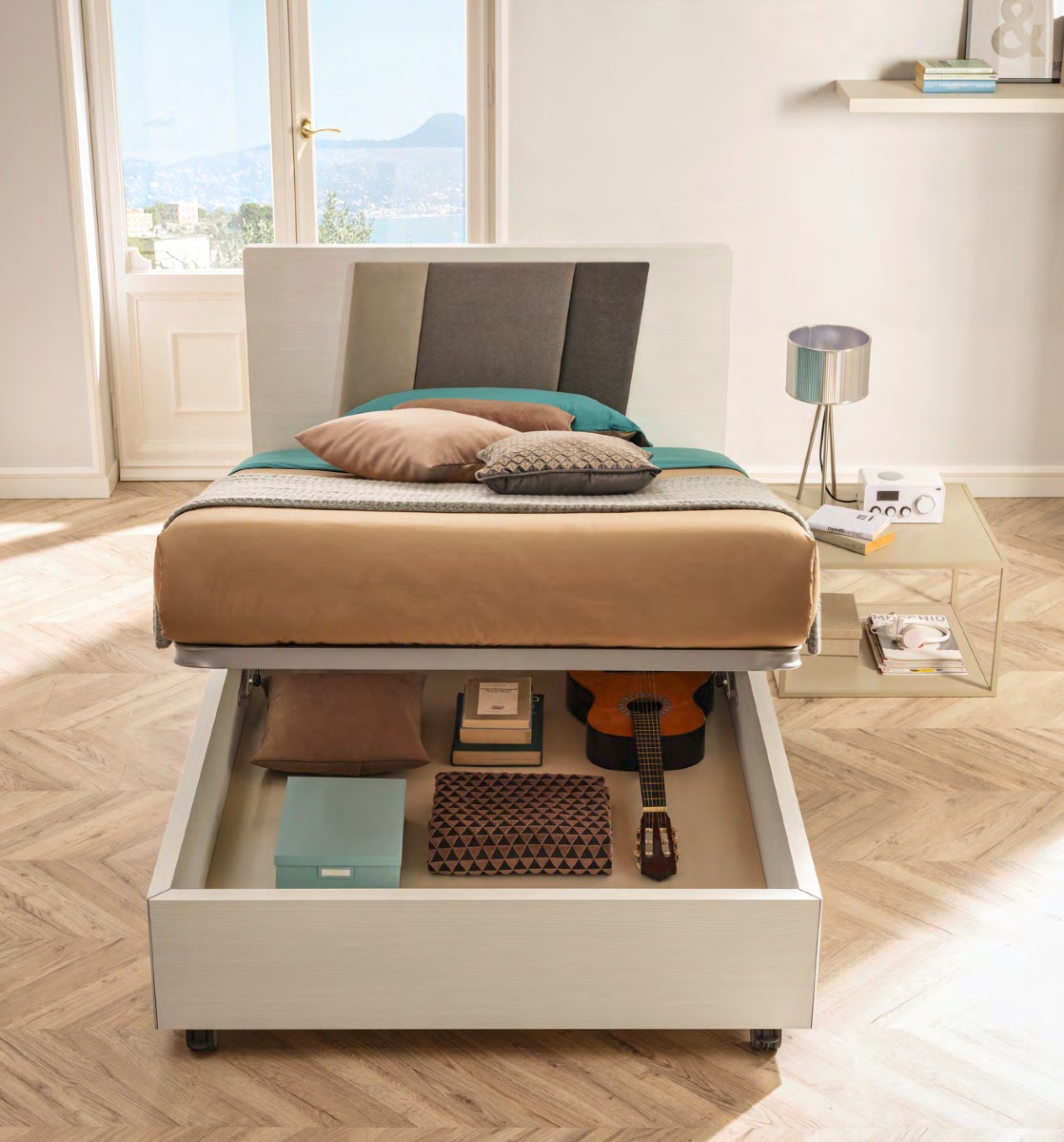 Letto una piazza e mezza con ruote, letto Clark Moretti Compact