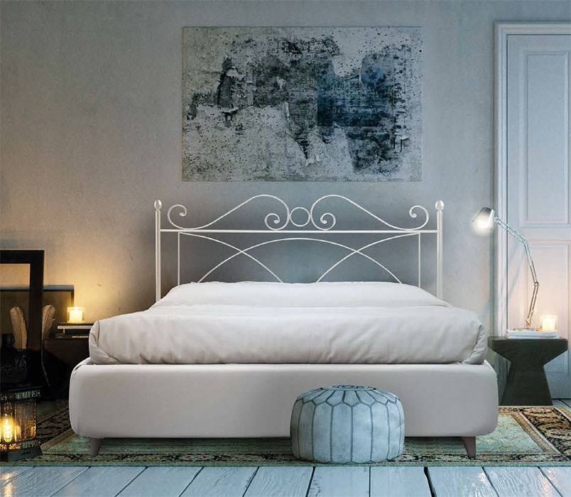 Letto ferro battuto con contenitore Zamak, Bianco satinato