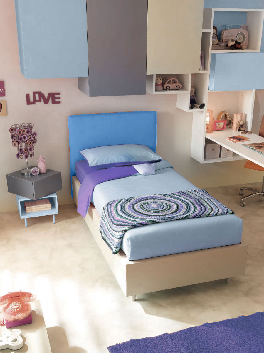 Letto singolo contenitore Zen Moretti Compact, tessuto VL 17 e Crema laccato