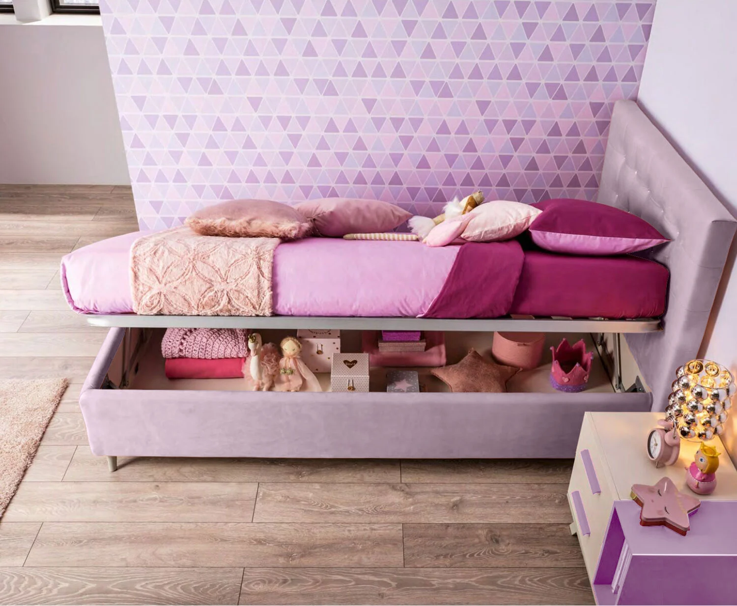 Letto singolo Pixel Moretti Compact con contenitore laterale, tessuto VL 12