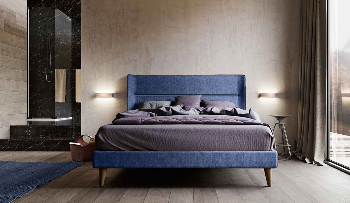 Letto matrimoniale king size, tessuto Denim con inserto finitura Petrolio