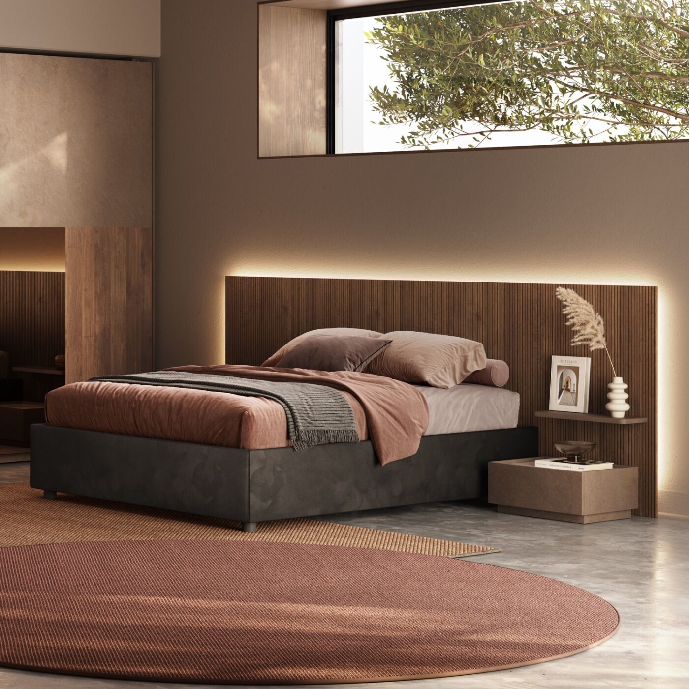 Camera matrimoniale con letto cannettato, Bronzo e Mercure