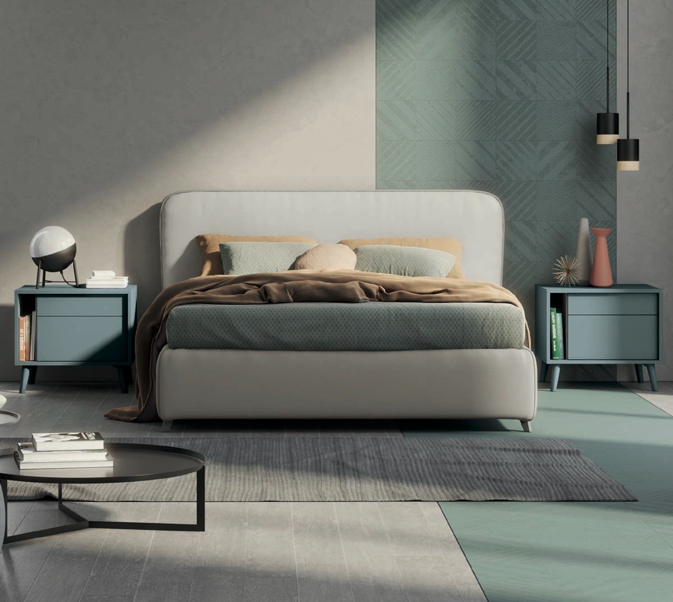 Letto matrimoniale imbottito, finitura ecopelle Creta