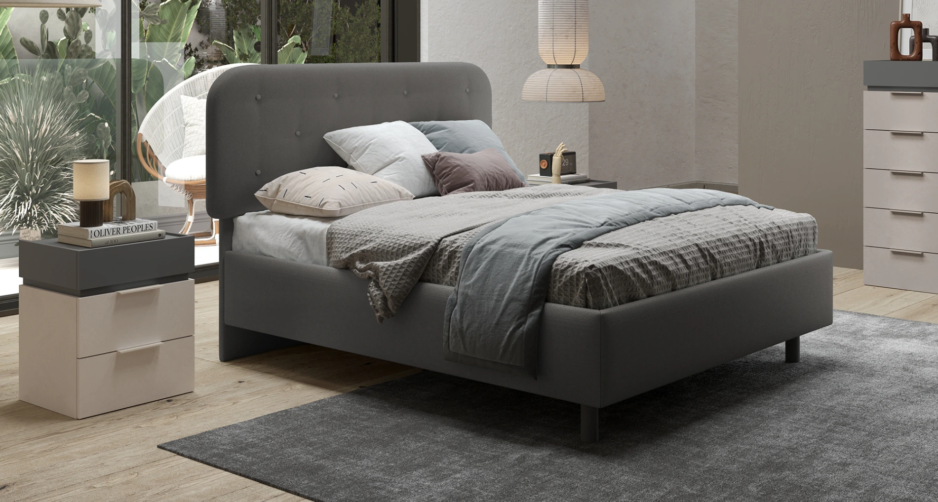 Camera matrimoniale Bronzo con letto in tessuto, collezione Mondo Zenzero Shop