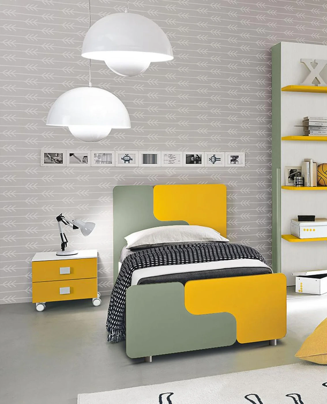 Letto singolo Tetris con contenitore in finitura Girasole e Salvia