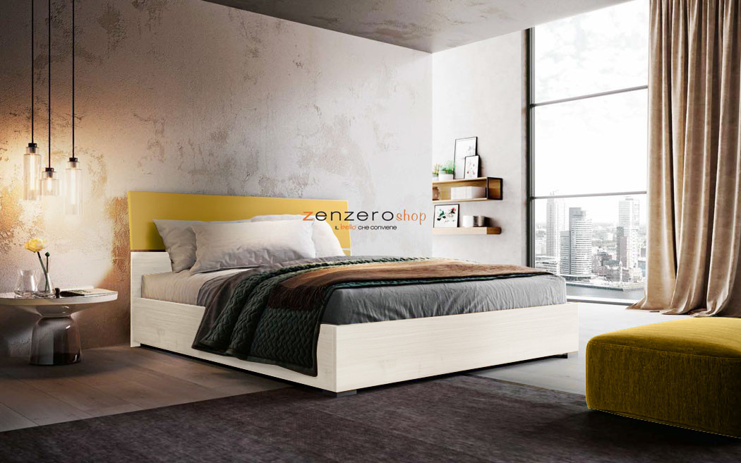 Letto matrimoniale Metiz con contenitore, finitura Giallo grano e Larice Bianco