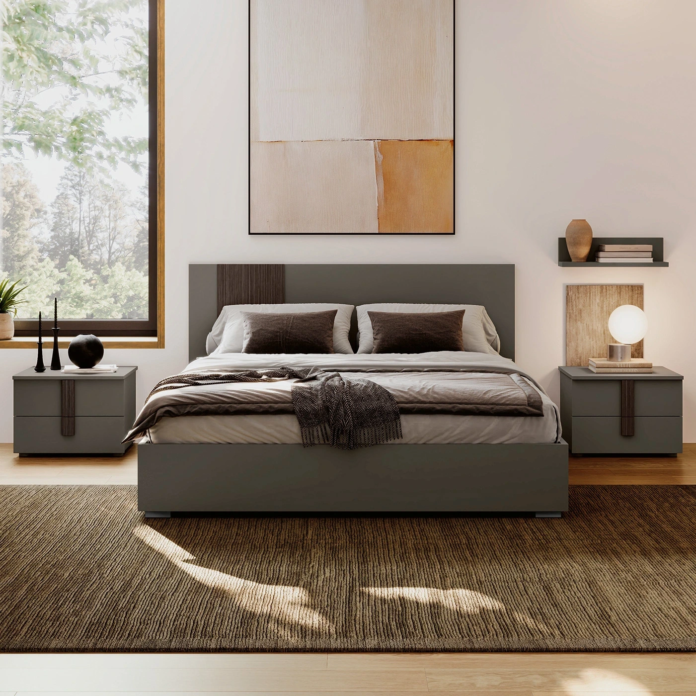 Letto matrimoniale, Grigio cenere e Cannettato grigio, 160x190