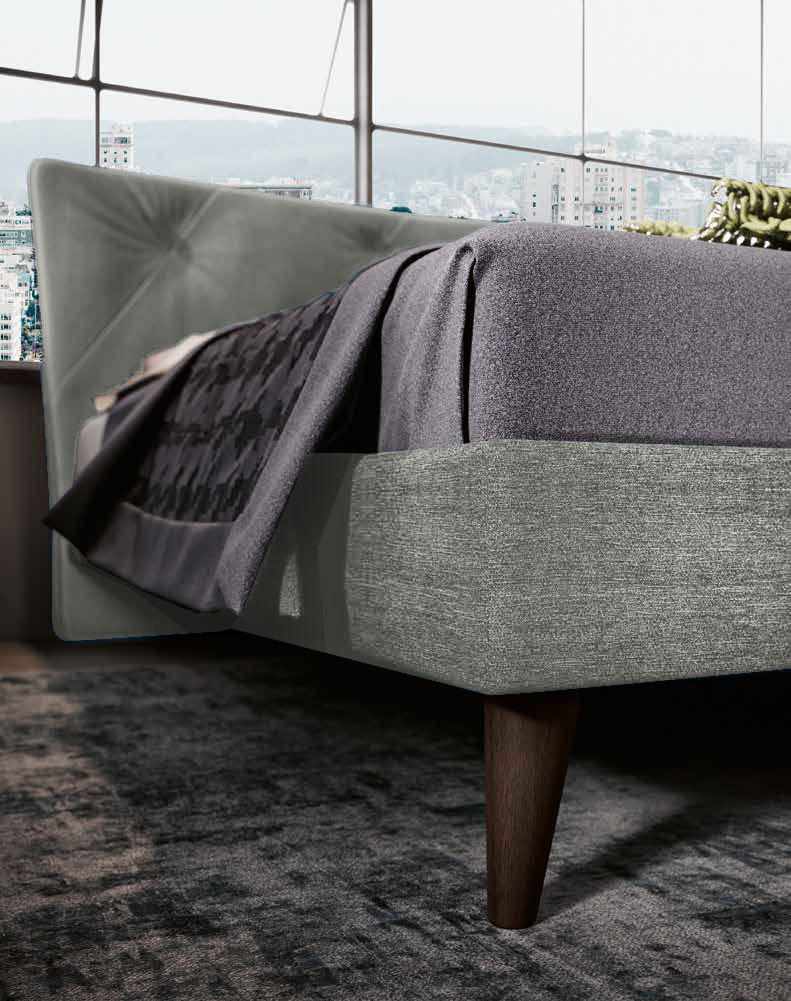 Letto versione king size matrimoniale Grigio Perla in tessuto, con testata retrofinita