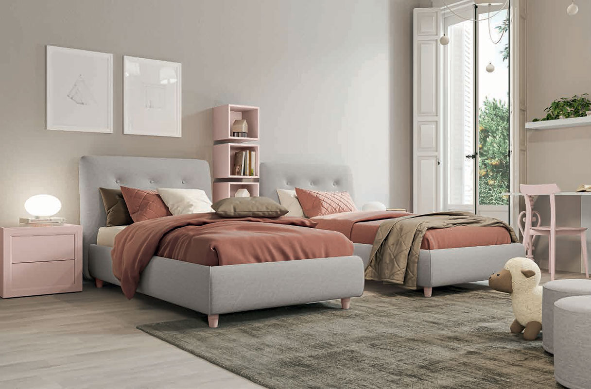 Letto singolo tessuto Grigio dorian con piedini Cipria
