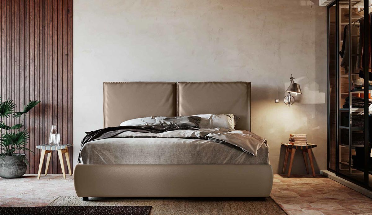 Letto contenitore ecopelle tortora, testata retrofinita