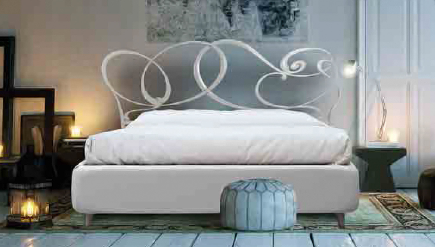 Letto matrimoniale in ferro con contenitore, Grigio Polvere