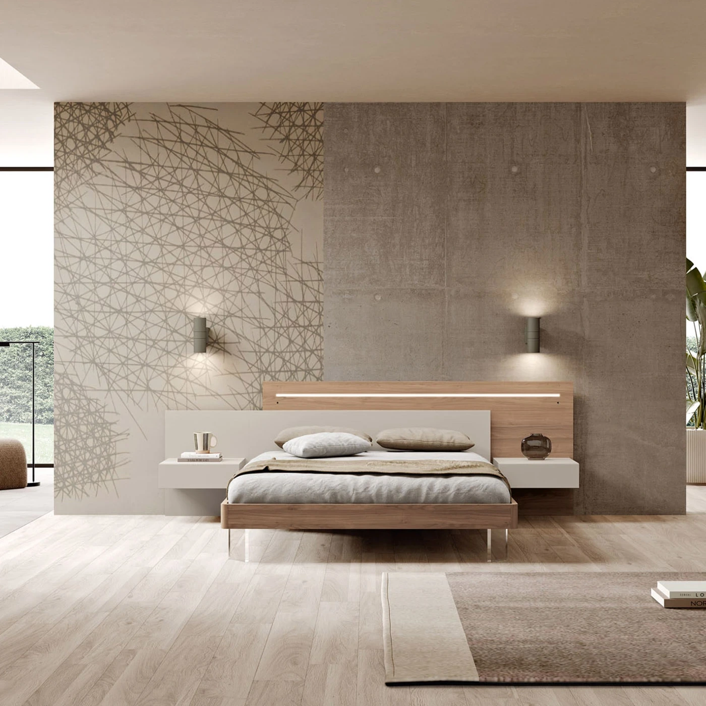 Letto matrimoniale con testata doppia, Sequoia Honey e Corda, L.240 H.96 P.204